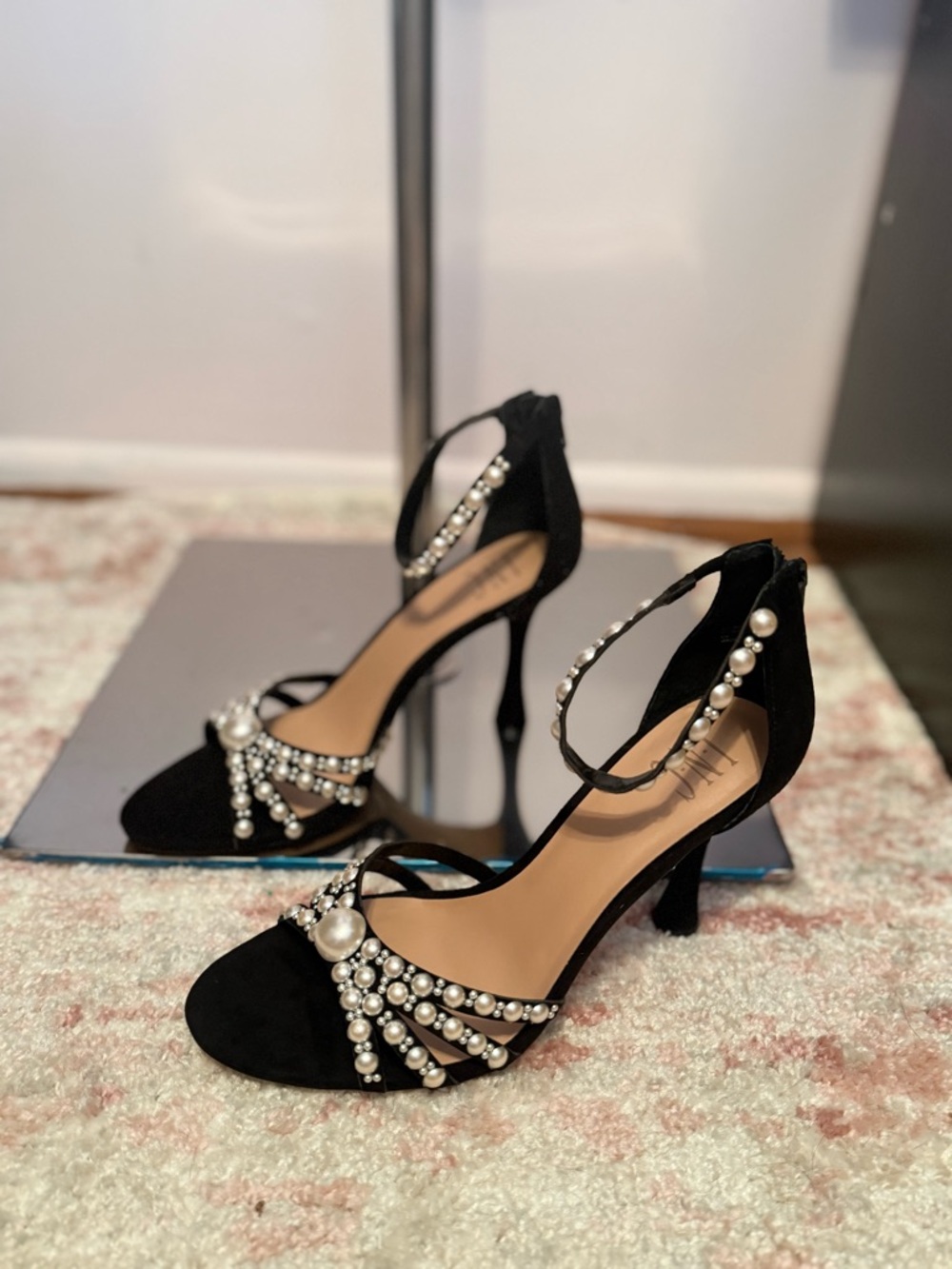 INC International Concepts Black Pearl-Embellished Mid Heel Sandals